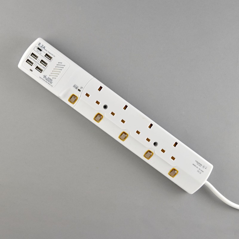 4位13A拖板6尺電源線 獨立開關 (5USBA + 1USBC) 6.2A USB 充電器