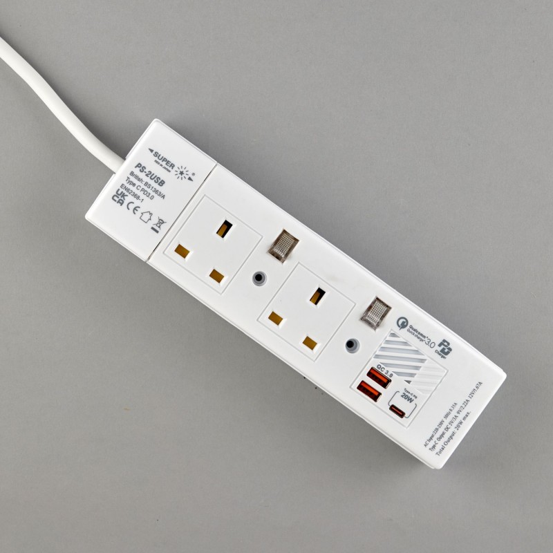 2位13A拖板12尺電源線 獨立開關 (2USBA + 1USBC) PD20W USB 充電器