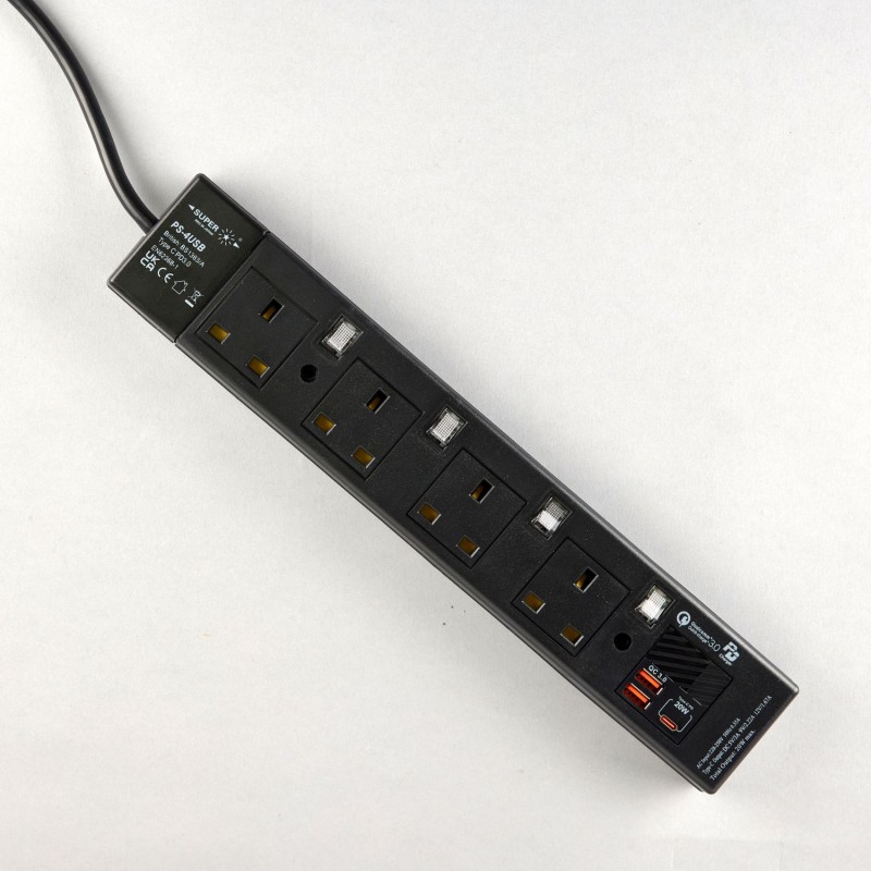 4位13A拖板6尺電源線 獨立開關 (2USBA + 1USBC) PD20W USB 充電器