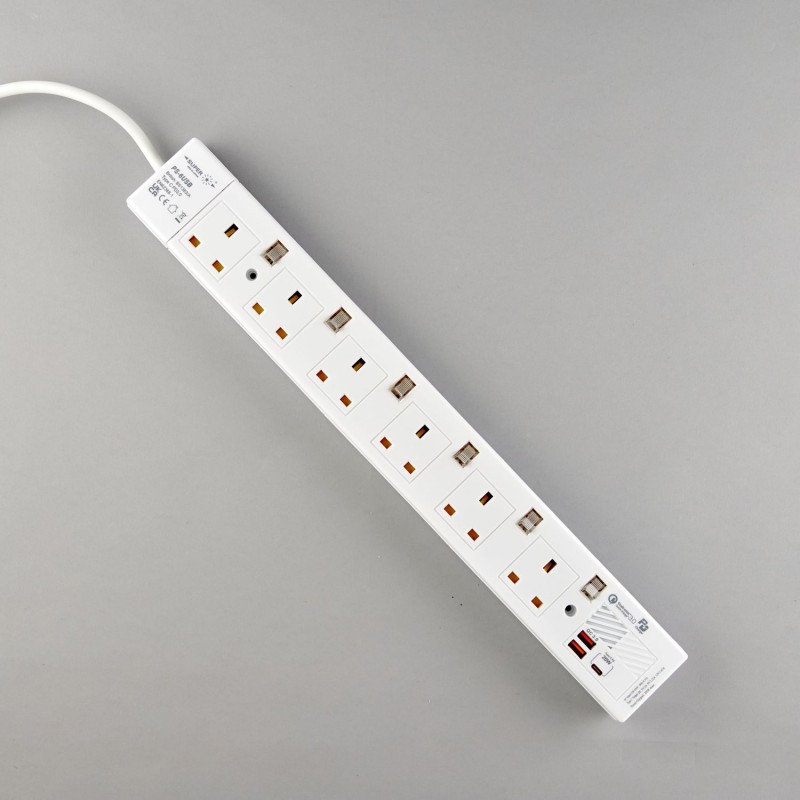 6位13A拖板12尺電源線 獨立開關 (2USBA + 1USBC) PD20W USB 充電器